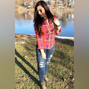 Old Navy Plaid Button Down shirt Red Check Holiday photoshoot XS western cowboy